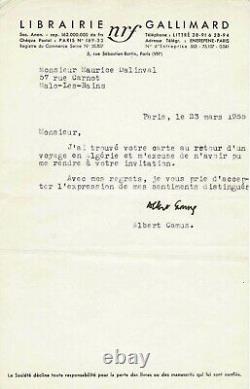 Albert Camus Letter Signed His Return From Algeria. Autograph Signature. 1955