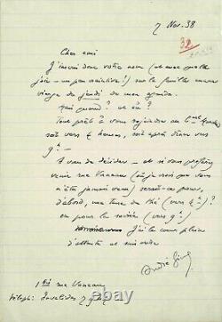 André Gide Signed Autograph Letter To Marcel Jouhandeau. 1938