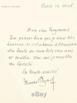 Autograph Letter Signed Marcel Pagnol About -belle Signing Of A Bust