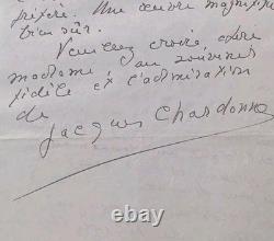 Autograph letter signed by Jacques Chardonne to Marcelle Tinayre, Prix Femina 1938