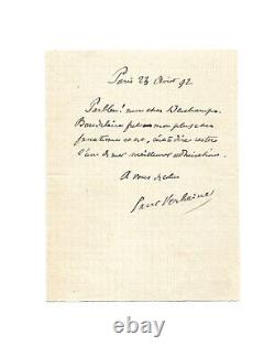 BAUDELAIRE Paul VERLAINE / Autographed Letter Signed / Admiration / Poems