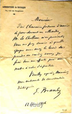 BRANLY (Edouard) physicist, doctor. Signed autograph letter, 1916