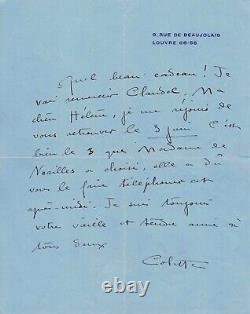 COLETTE Autographed Letter. Colette receives a gift from Paul Claudel