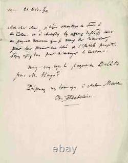 Charles Baudelaire Autograph Letter Signed To P. Meurice About V. Hugo