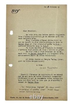 Correspondence of Jean Paulhan, set of 5 autograph letters signed, NRF Gallimard