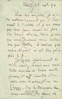 Emile Zola Autograph Letter Signed The Maupassant Monument. 1894