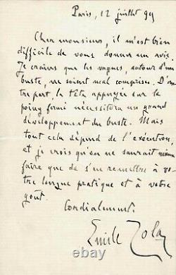 Émile Zola Signed Autograph Letter About A Bust With Its Effigy. Dreyfus