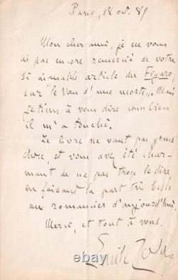 Émile Zola judges his second novel, autograph letter signed, 1889