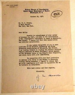 Fbi Certified 1937 Autograph Letter Signed By J. E. Hoover, Fbi Director