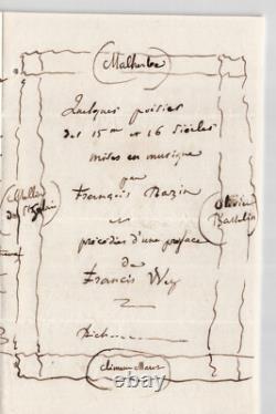 François Bazin, signed autograph letter to Francis WEY, preface, 3 pages