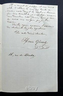 GERARD Henri AUTOGRAPH SIGNED LETTER, QUEEN HORTENSE 1859