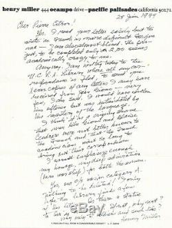 Henry Miller Autograph Letter Signed To Peter Lemon Tribute Giono Cendrars