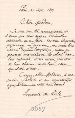 Leconte de Lisle supports Malvina Blanchecotte Autograph letter signed, 1871