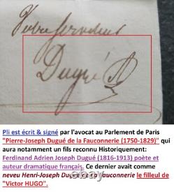 Letter 1828 to Count de La Guibourgère / signed Dugué, Victor Hugo family godfather