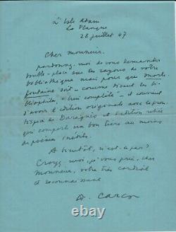 Letter Autograph Signed 1947 Francis Carco About 2 Editions De Mortefontaine