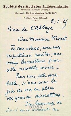 Paul Signac Autographed Letter to Claude Monet Regarding the Water Lilies. 1925