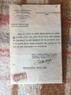 Rare Letter Signed Receipt Edith Piaf Signed Autograph Monte Carlo 1943 Rare