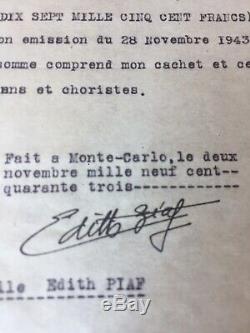 Rare Letter Signed Receipt Edith Piaf Signed Autograph Monte Carlo 1943 Rare