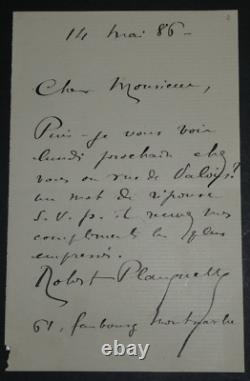 Robert Planquette, Composer Autography Signed Letter, 1886