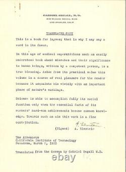 Albert Einstein- Lettre Signée-technologie-pasadena-californie-microbes-1933
