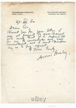 Aldous Huxley / Lettre Autographe Signée (1960) / Le Meilleur Des Mondes