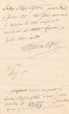 Alfred de VIGNY Lettre autographe signée au comte d'ORSAY- Dandysme