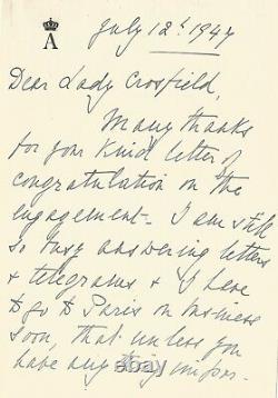 Alice de BATTENBERG Lettre autographe signée sur Elizabeth II et Philip. 1947