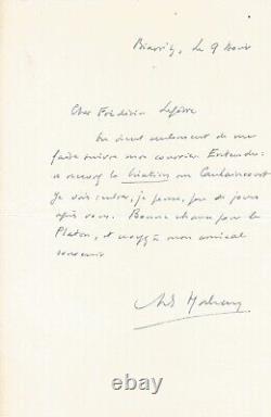 André MALRAUX Lettre autographe signée. Son ouvrage La Création artistique