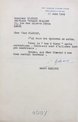 André MALRAUX Lettre signée à Jean Blanzat sur Les Conquérants (1949)