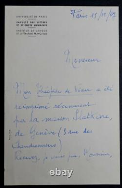 Antoine ADAM LETTRE AUTOGRAPHE SIGNÉE THEOPHILE DE VIAU PARIS 1967