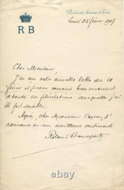BONAPARTE (Roland) lettre autographe signée, remerciement pour des félicitations