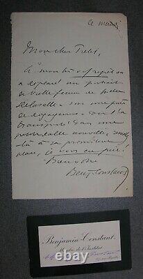 Benjamin Constant. Lettre et Carte de Visite signée. Portrait d'Angèle Delasalle