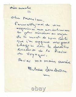 CENDRARS Lettre AUTOGRAPHE signée à Jean-Paul Caracalla 1956