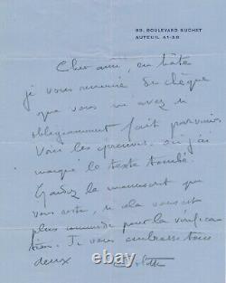 COLETTE écrivaine lettre autographe signée André CHAUMEIX corrections épreuves