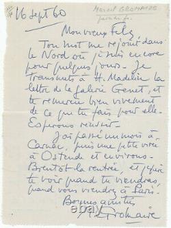 Carte lettre autographe signée Marcel Gromaire adressée à son ami Florent Fels