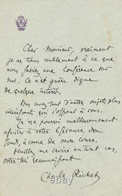 Charles RICHET médecin physiologiste prix Nobel en 1913 lettre autographe signée