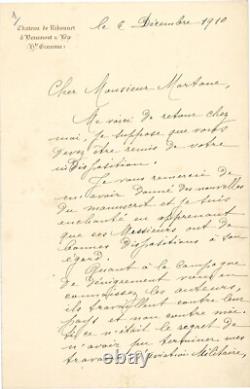 Clément ADER, Rare lettre autographe signée adressée à Monsieur Martane, 1910