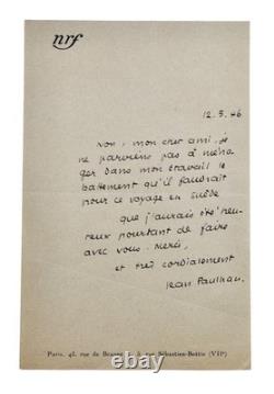 Correspondance JEAN PAULHAN Ensemble 5 Lettres autographes signées NRF Gallimard