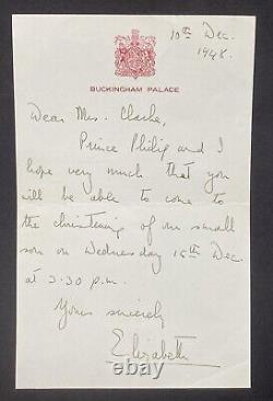 ELIZABETH II Lettre autographe signée Naissance et baptême de Charles III