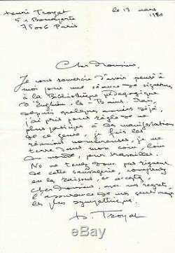 Écrivain Henri Troyat lettre autographe signée s'isole pour écrire 13 mars 1980