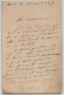 Émile Littré, Lettre autographe signée situation financière 1876 Paris 3 pages