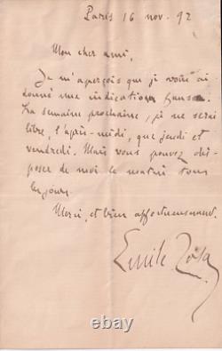 Emile Zola écrivain lettre de 1892 originale signée