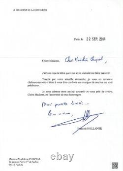 François HOLLANDE Lettre signée avec apostille autographe, à M. Chapsal. 2014