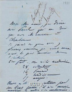 François PONSARD Lettre autographe signée sur son élection à l'Académie