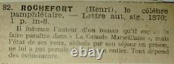 HENRI ROCHEFORT Lettre manuscrite signée à un Romancier. 1870. Prison / Roman