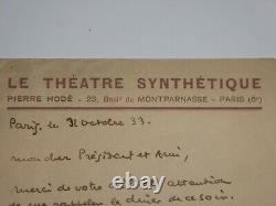 HODE Pierre LETTRE AUTOGRAPHE SIGNÉE, THÉTRE SYNTHÉTIQUE, PARIS, 1933