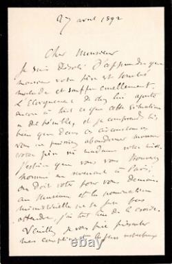 Henri BECQUEREL Lettre autographe signée. Le Muséum d'histoire naturelle. 1892