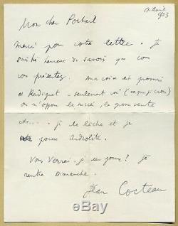 Jean Cocteau (1889-1963) Intéressante lettre autographe signée 17 avril 1923