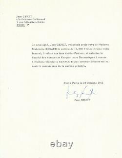 Jean GENET lettre tapuscrite signée Reconnaissance de dette Madeleine Renaud