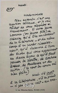 Jean PAULHAN Belle lettre autographe signée à propos de littérature